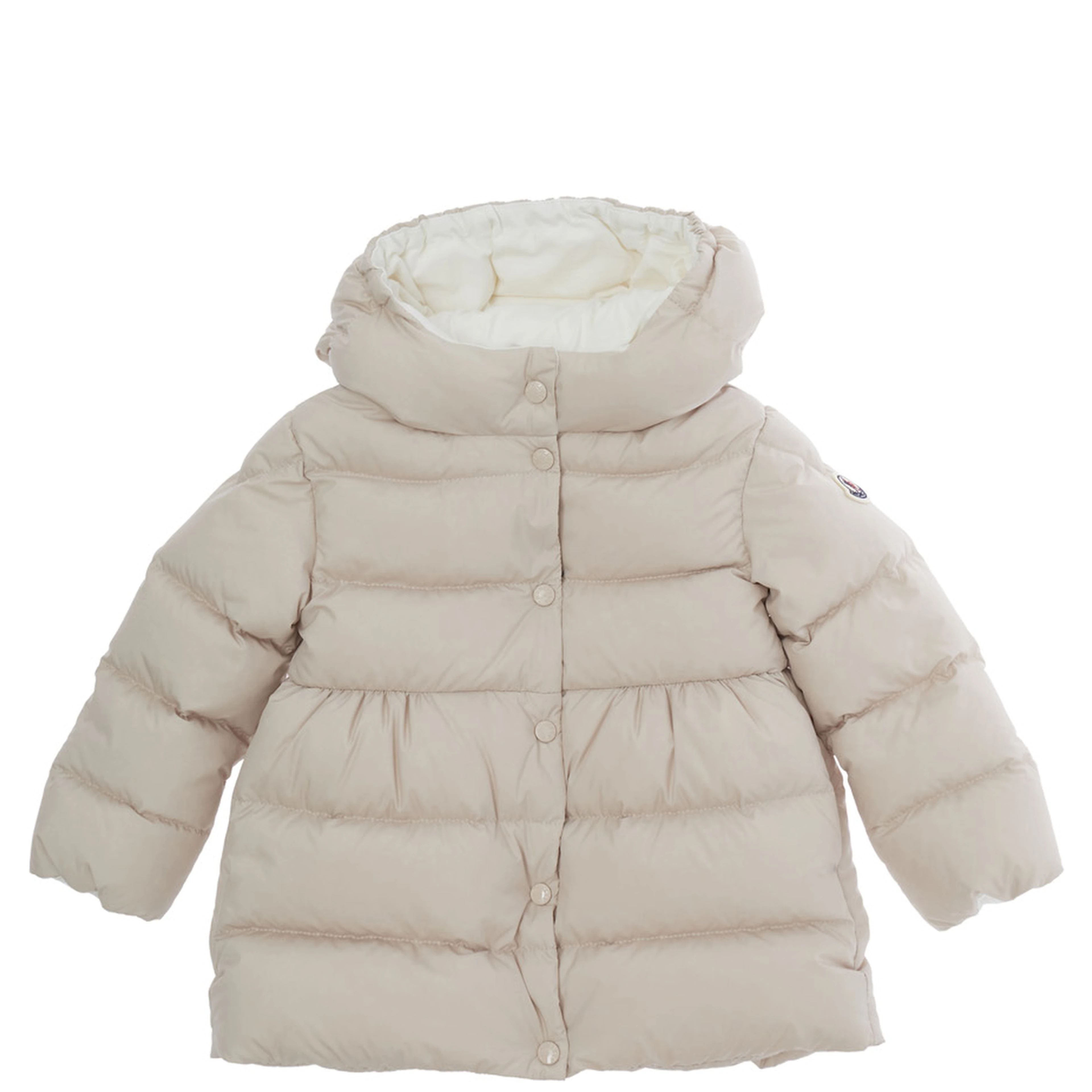 Charlotte Pink Down Jacket with hood and logo patch on the sleeve in Tech Fabric Baby