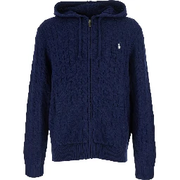 Blue Hooded Cardigan with Drawstring Hood and Pony Patch on the Front in Cotton for Men