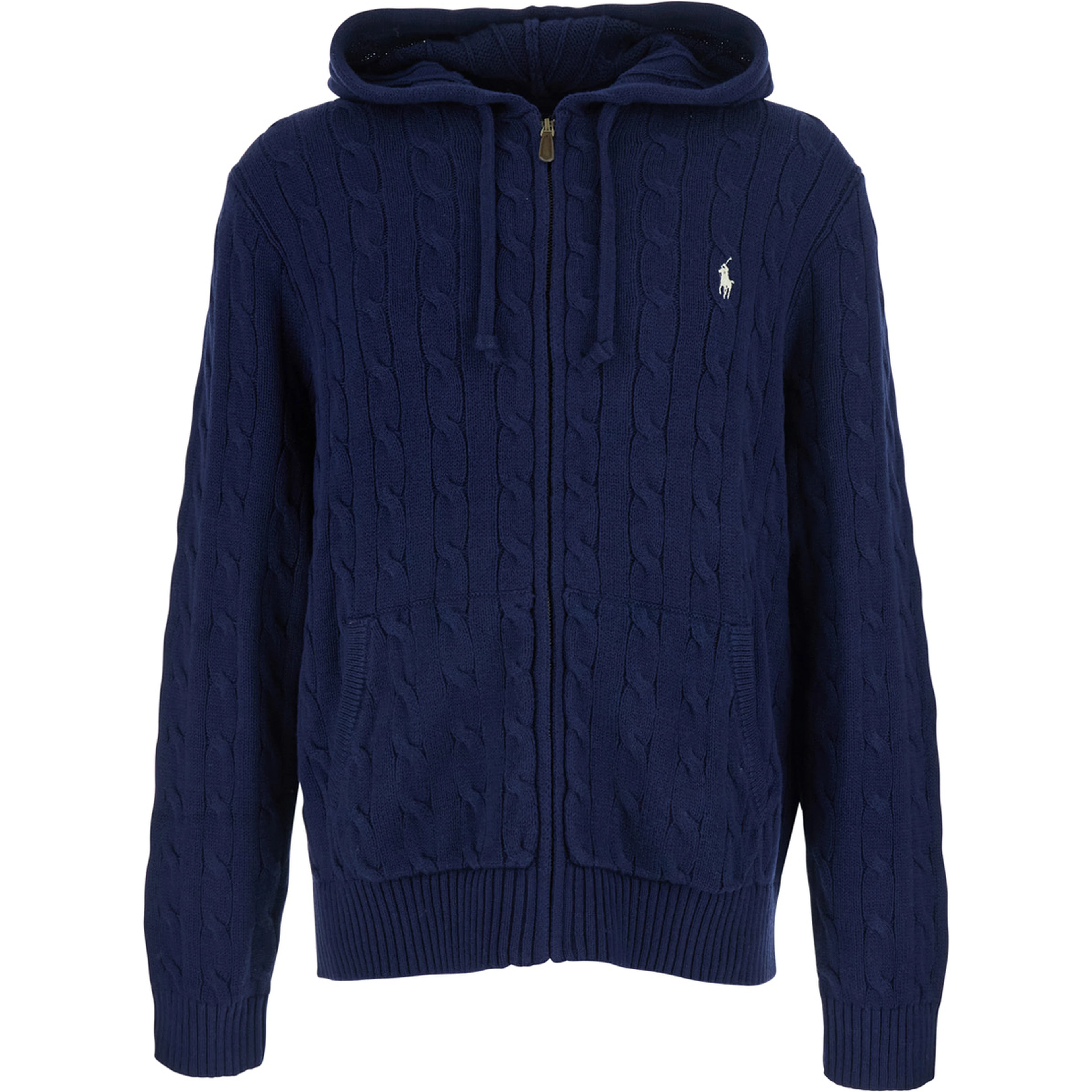 Blue Hooded Cardigan with Drawstring Hood and Pony Patch on the Front in Cotton for Men