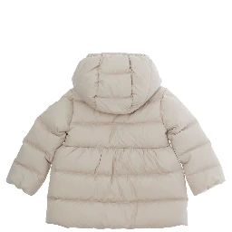 Charlotte Pink Down Jacket with hood and logo patch on the sleeve in Tech Fabric Baby