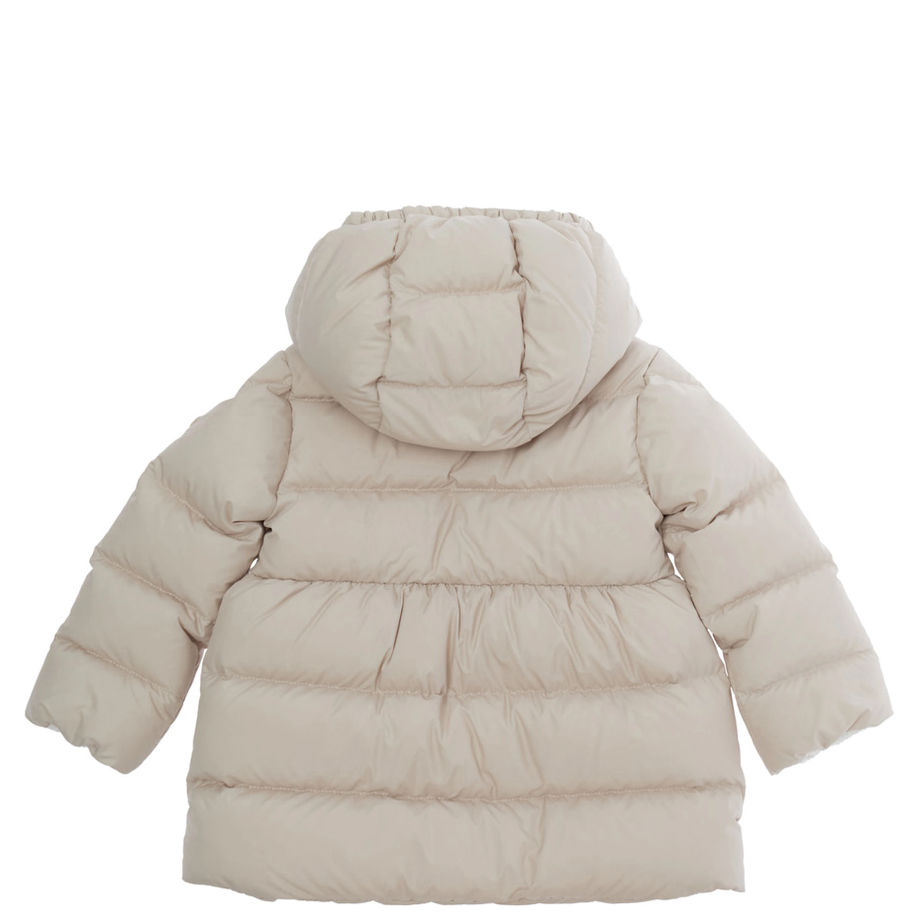 Charlotte Pink Down Jacket with hood and logo patch on the sleeve in Tech Fabric Baby