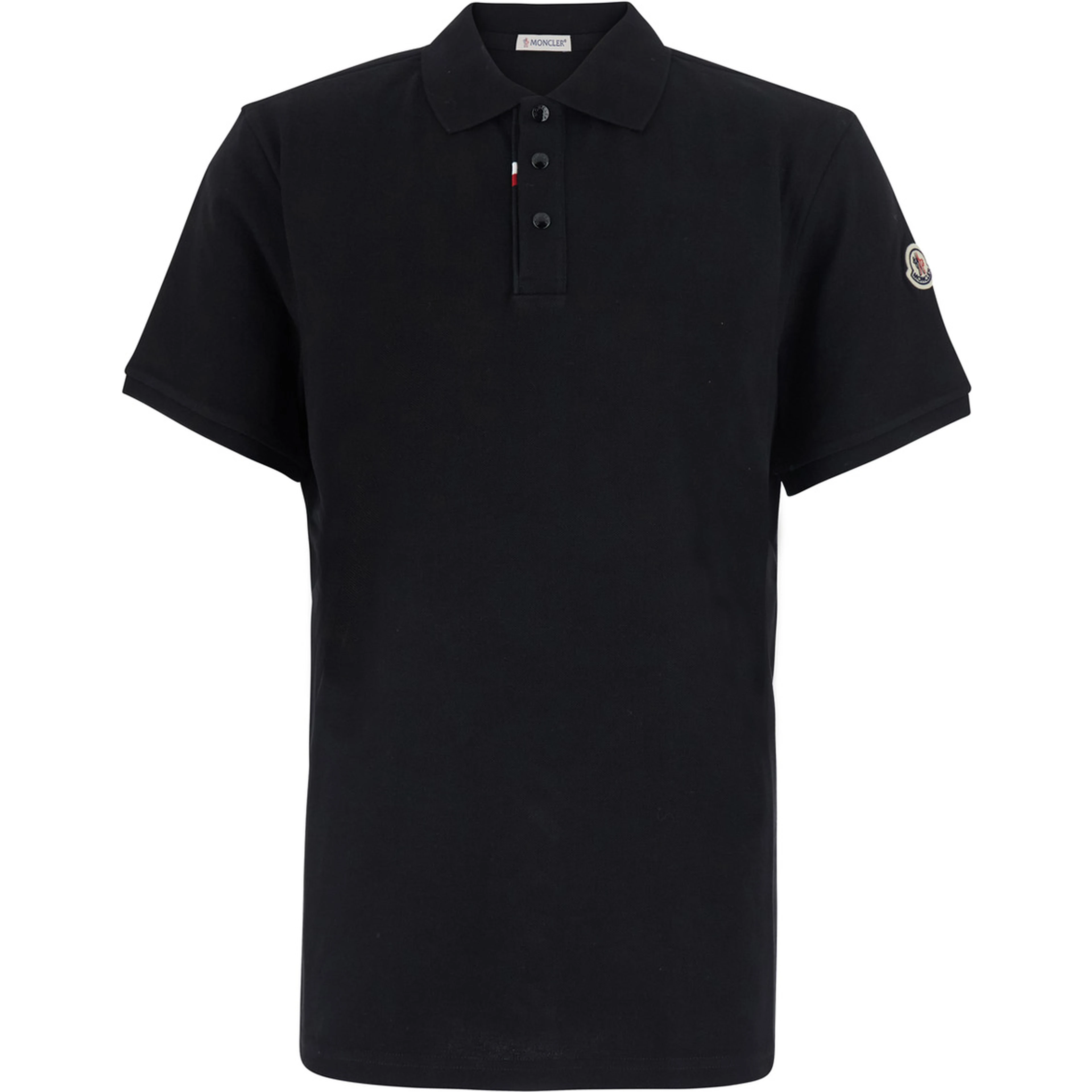 Black Polo Shirt with classic collar and logo patch on the sleeve in cotton for men