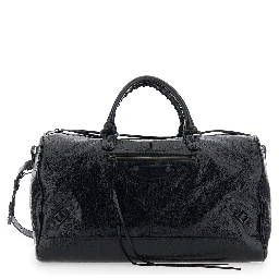 Le City Boston Black Duffel Bag with Adjustable and Removable Shoulder Strap and Front Zip Pocket in Leather for Men