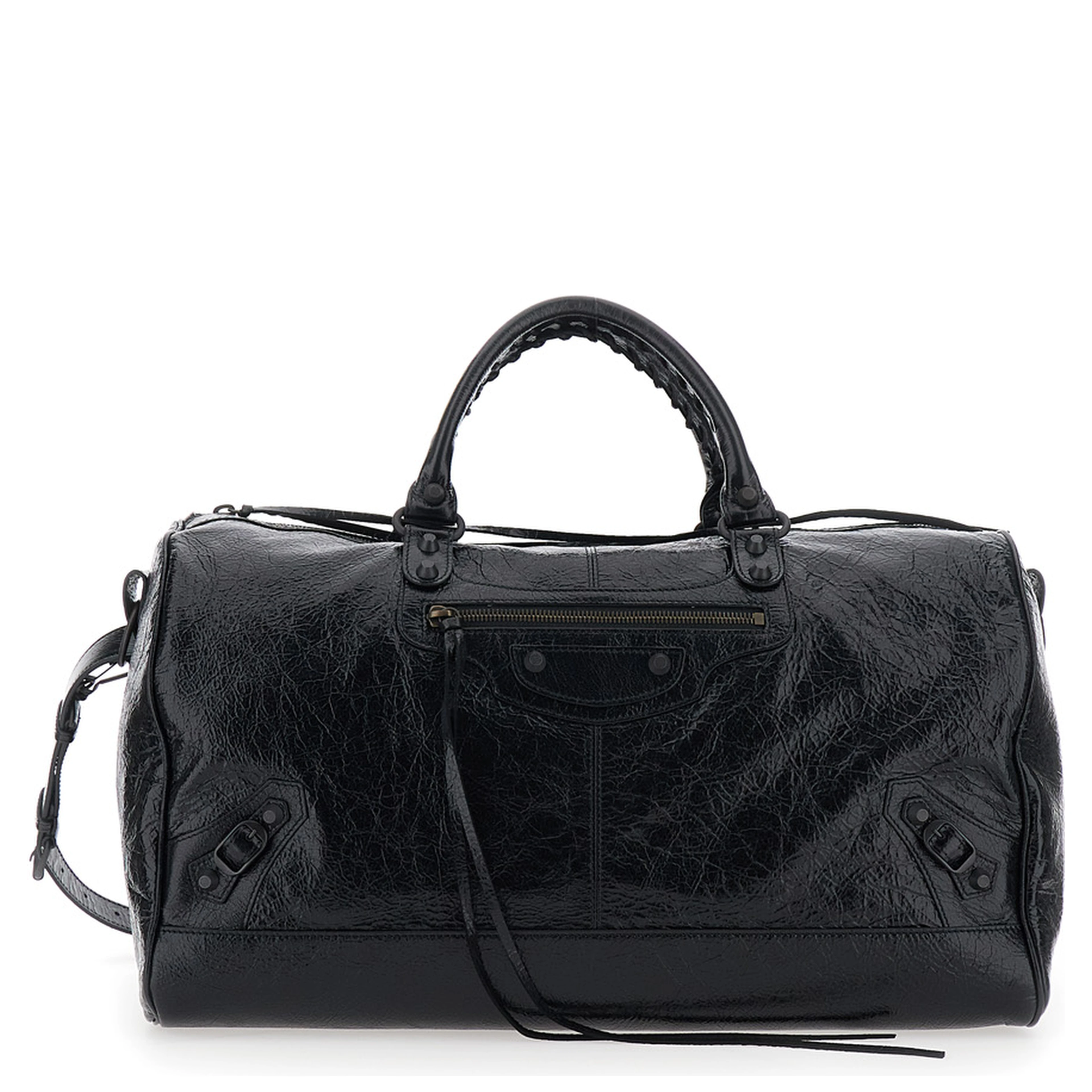 Le City Boston Black Duffel Bag with Adjustable and Removable Shoulder Strap and Front Zip Pocket in Leather for Men