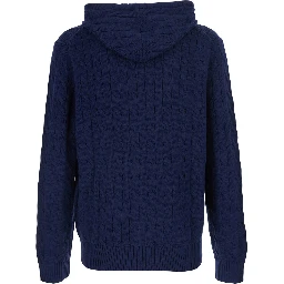 Blue Hooded Cardigan with Drawstring Hood and Pony Patch on the Front in Cotton for Men