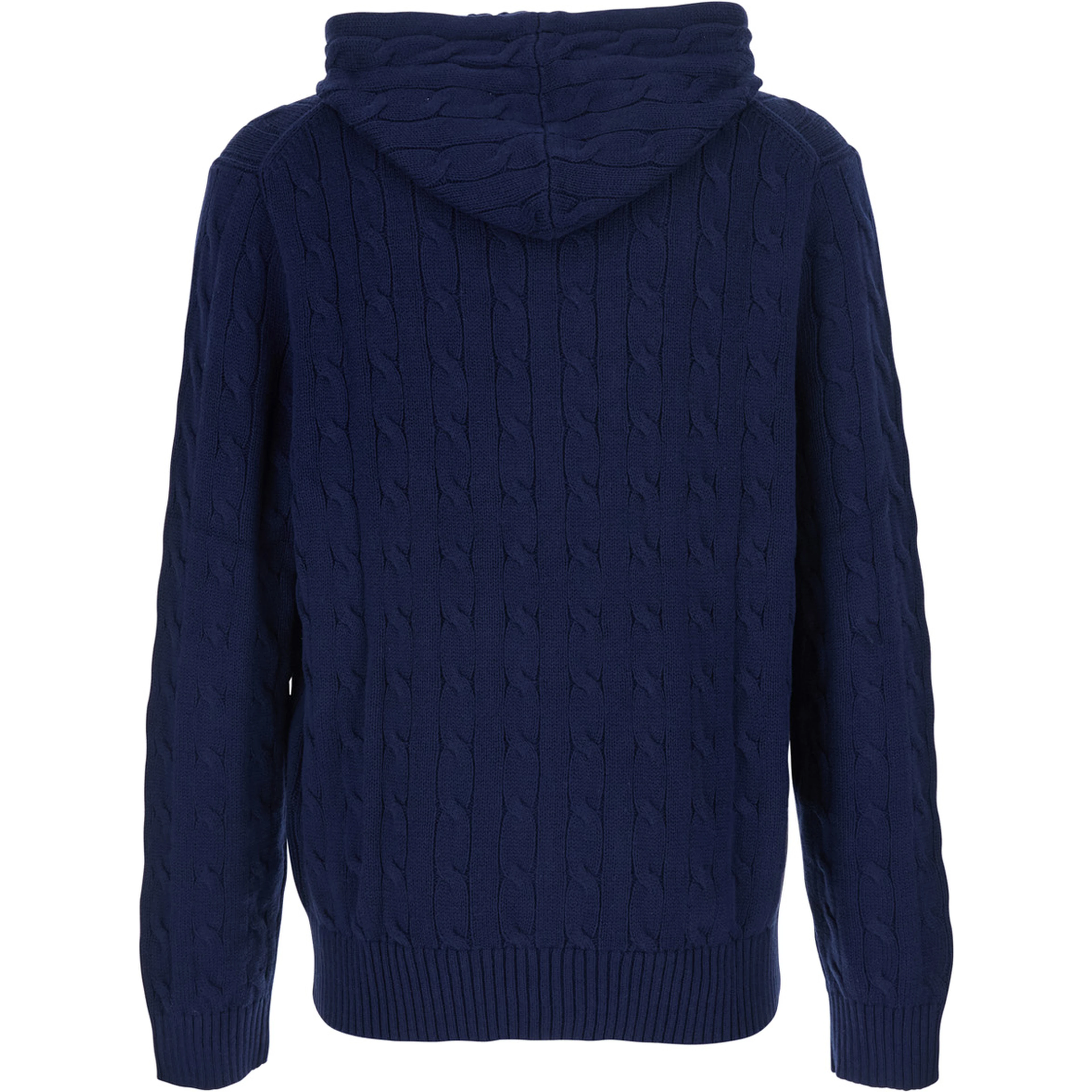 Blue Hooded Cardigan with Drawstring Hood and Pony Patch on the Front in Cotton for Men