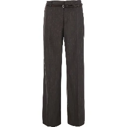 Brown Pants with belt and all-over pinstripe motif in fabric for women
