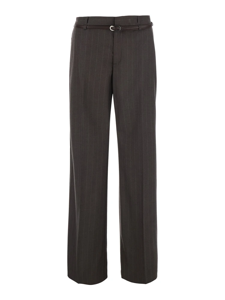 Brown Pants with belt and all-over pinstripe motif in fabric for women