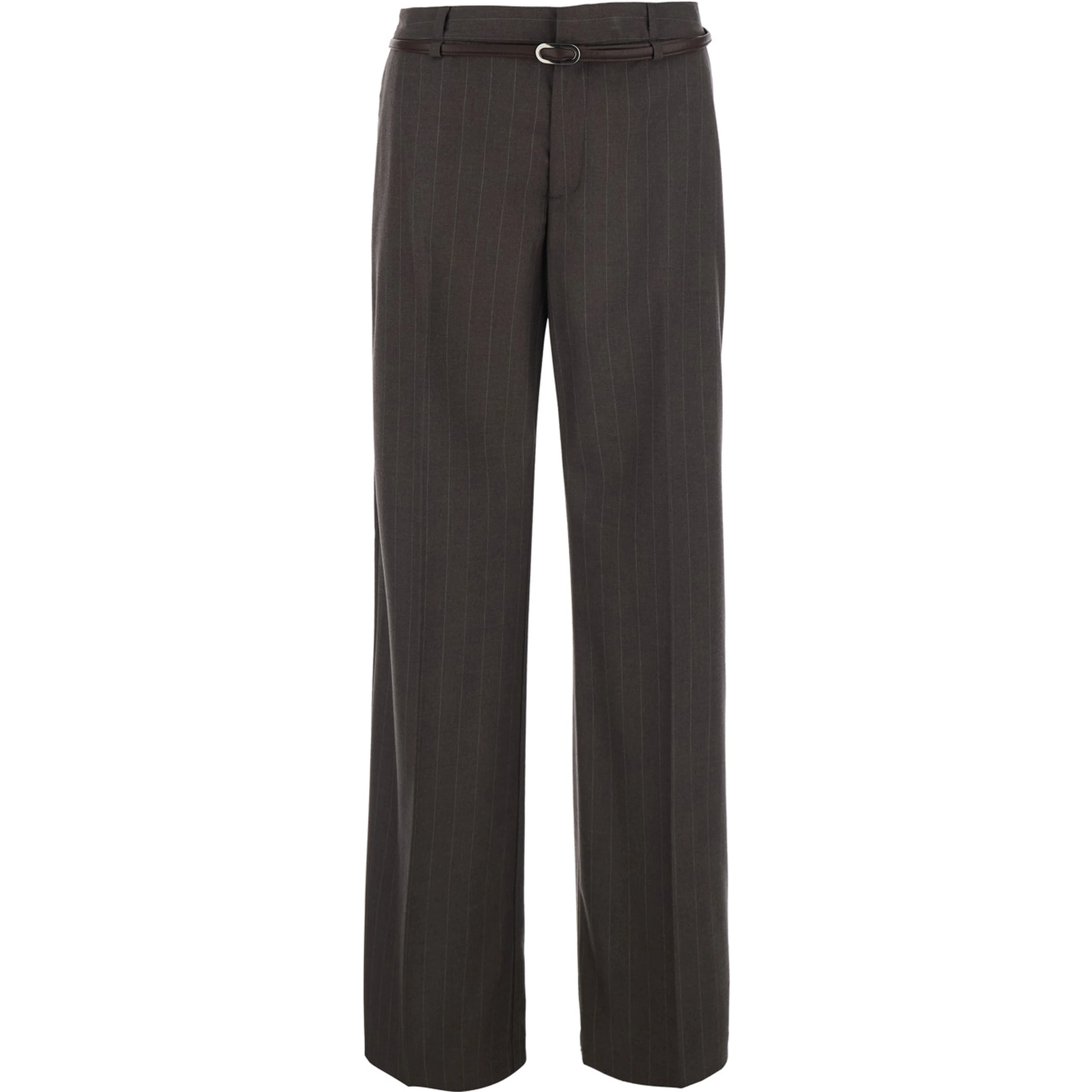 Brown Pants with belt and all-over pinstripe motif in fabric for women
