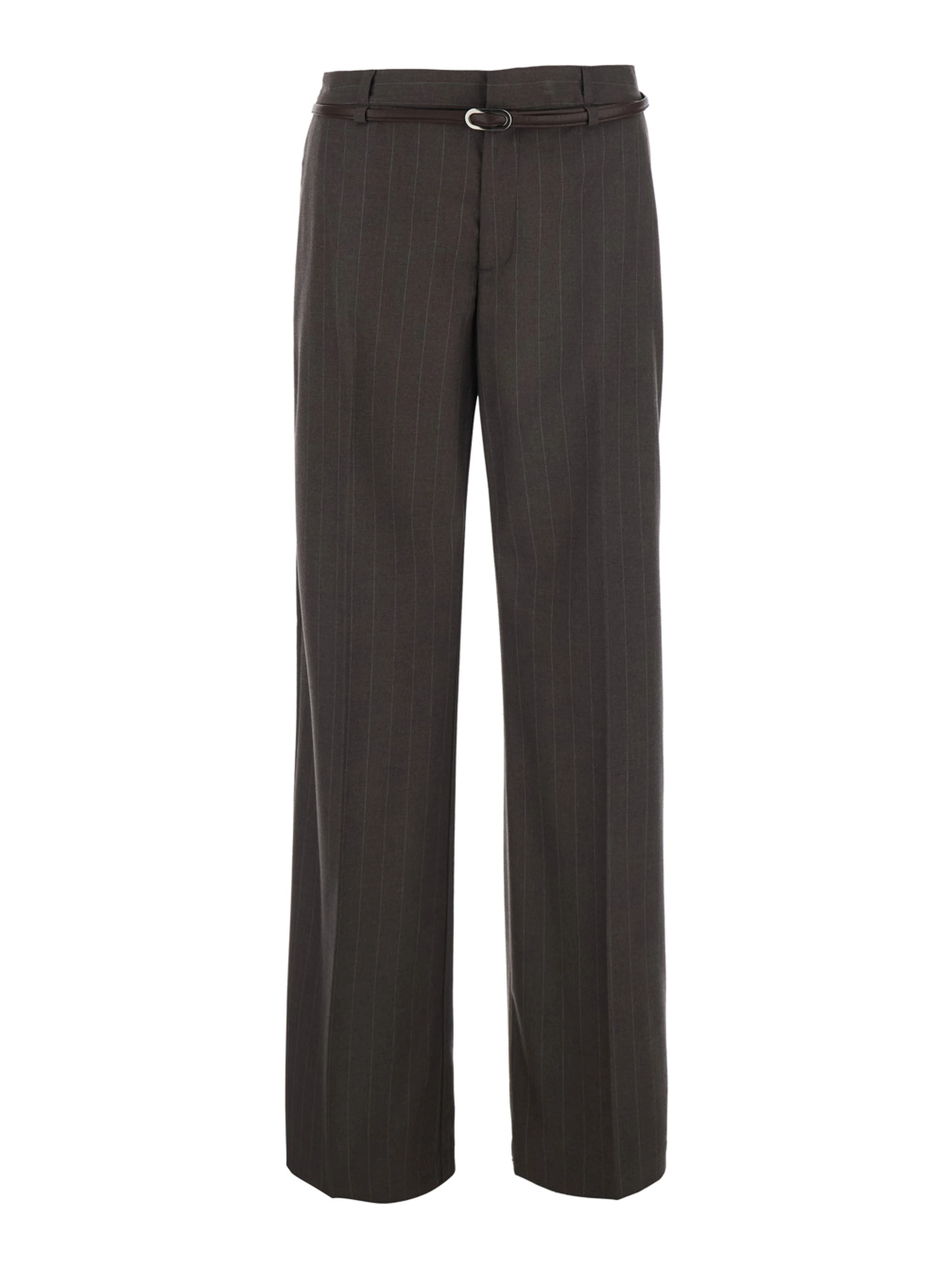 Brown Pants with belt and all-over pinstripe motif in fabric for women