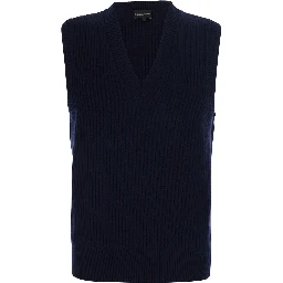 Blue Vest with V-neck and logo embroidery on the front in wool and cashmere for men