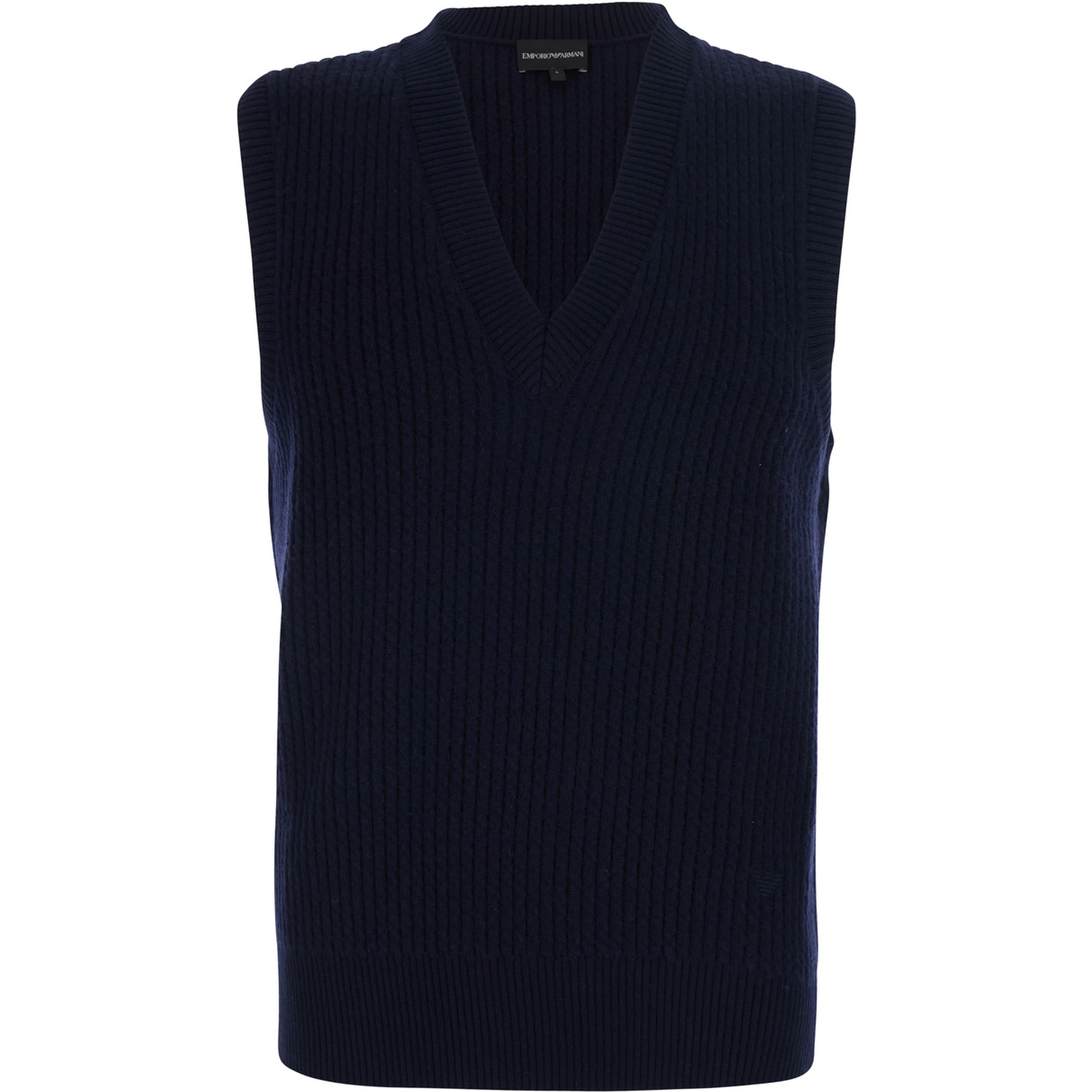 Blue Vest with V-neck and logo embroidery on the front in wool and cashmere for men