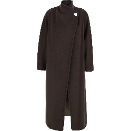 Brown Jacket with asymmetric front closure and front slit in  wool blend for women
