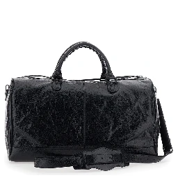 Le City Boston Black Duffel Bag with Adjustable and Removable Shoulder Strap and Front Zip Pocket in Leather for Men