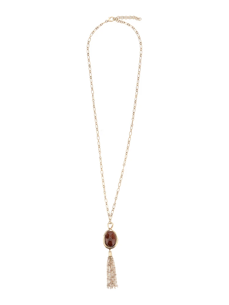 Gold-tone chain-link necklace with gemstone and tassel pendant in brass for women