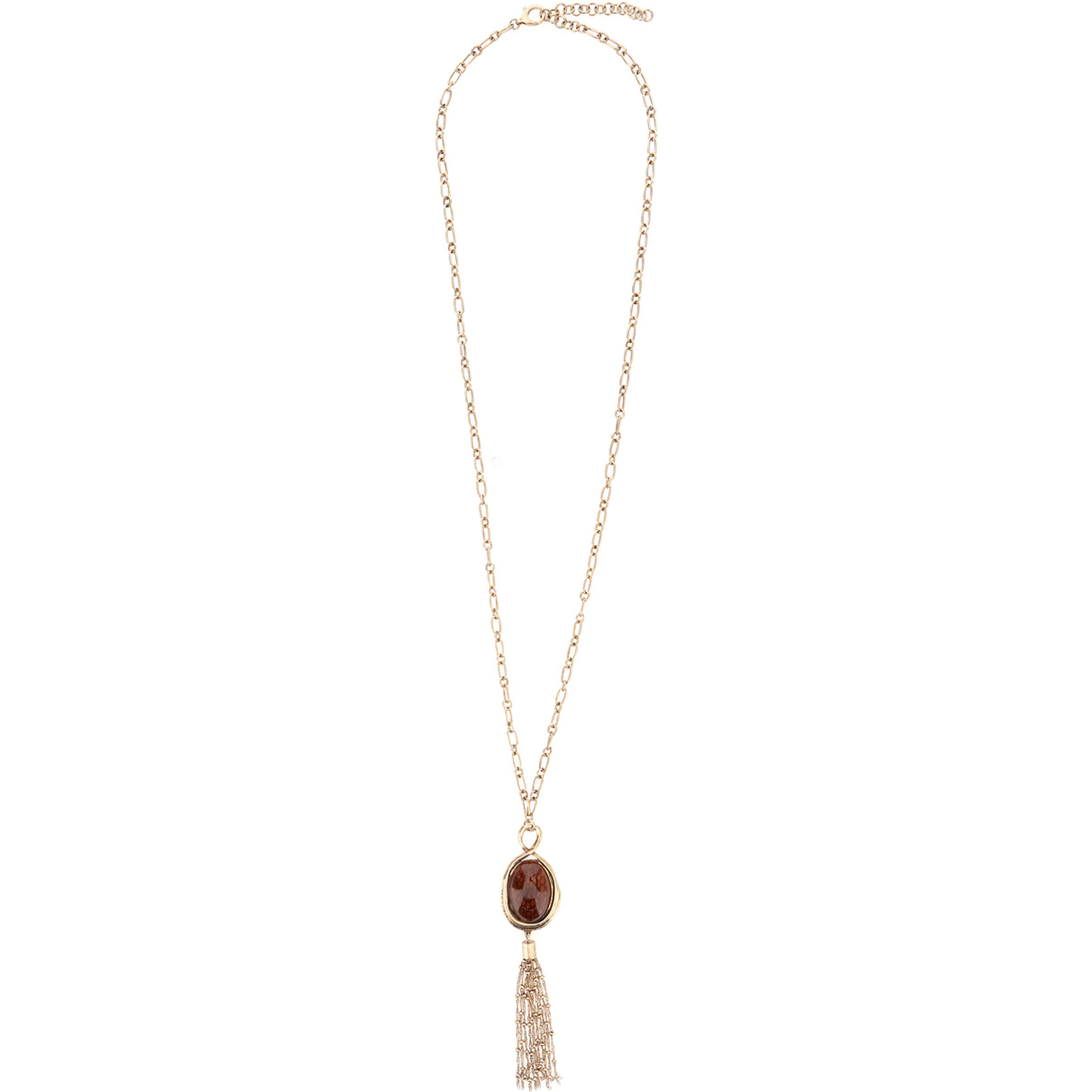 Gold-tone chain-link necklace with gemstone and tassel pendant in brass for women