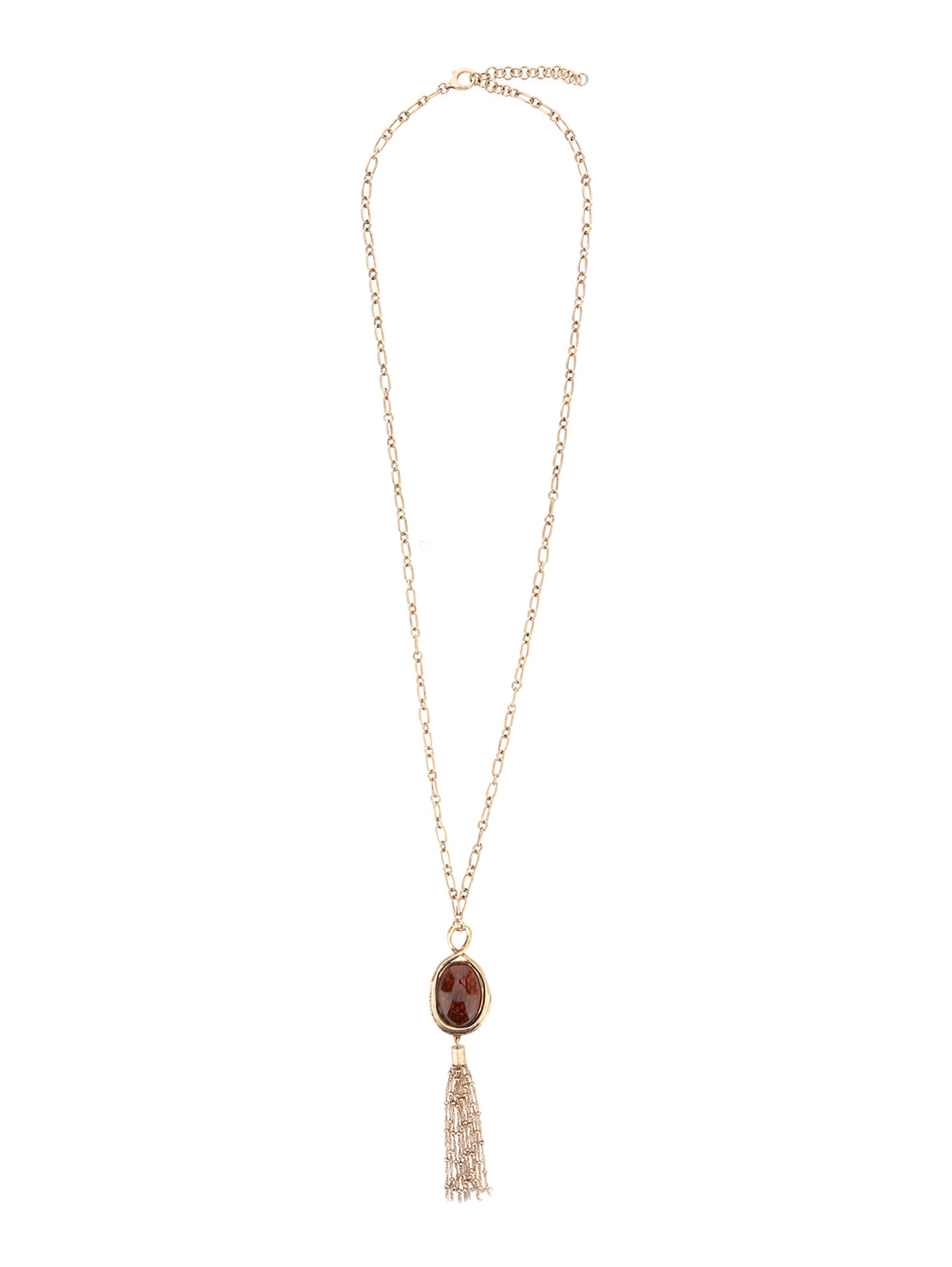 Gold-tone chain-link necklace with gemstone and tassel pendant in brass for women