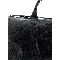 Le City Boston Black Duffel Bag with Adjustable and Removable Shoulder Strap and Front Zip Pocket in Leather for Men
