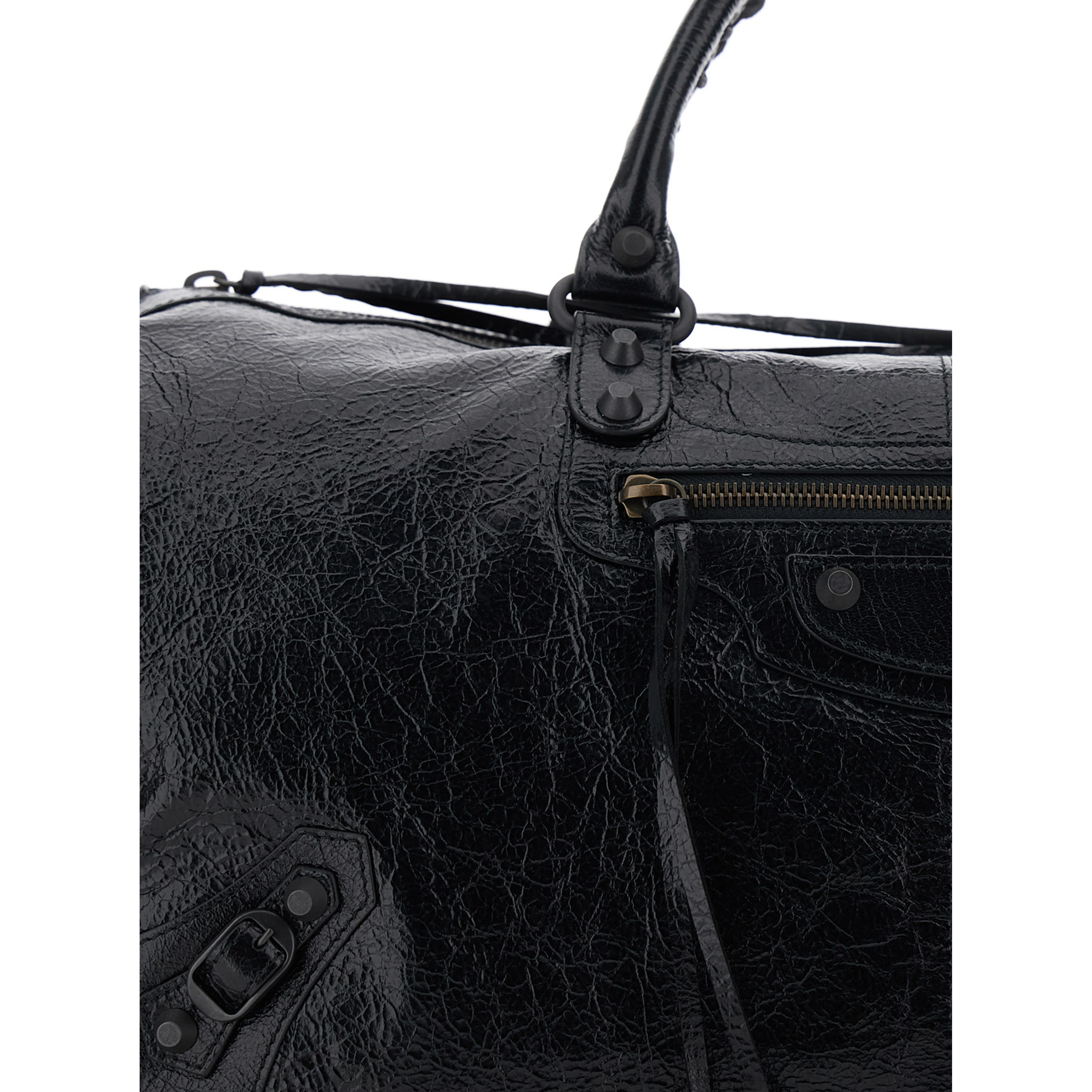 Le City Boston Black Duffel Bag with Adjustable and Removable Shoulder Strap and Front Zip Pocket in Leather for Men