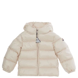 Sharon White Down jacket with hood and logo patch on the sleeve in Tech Fabric baby