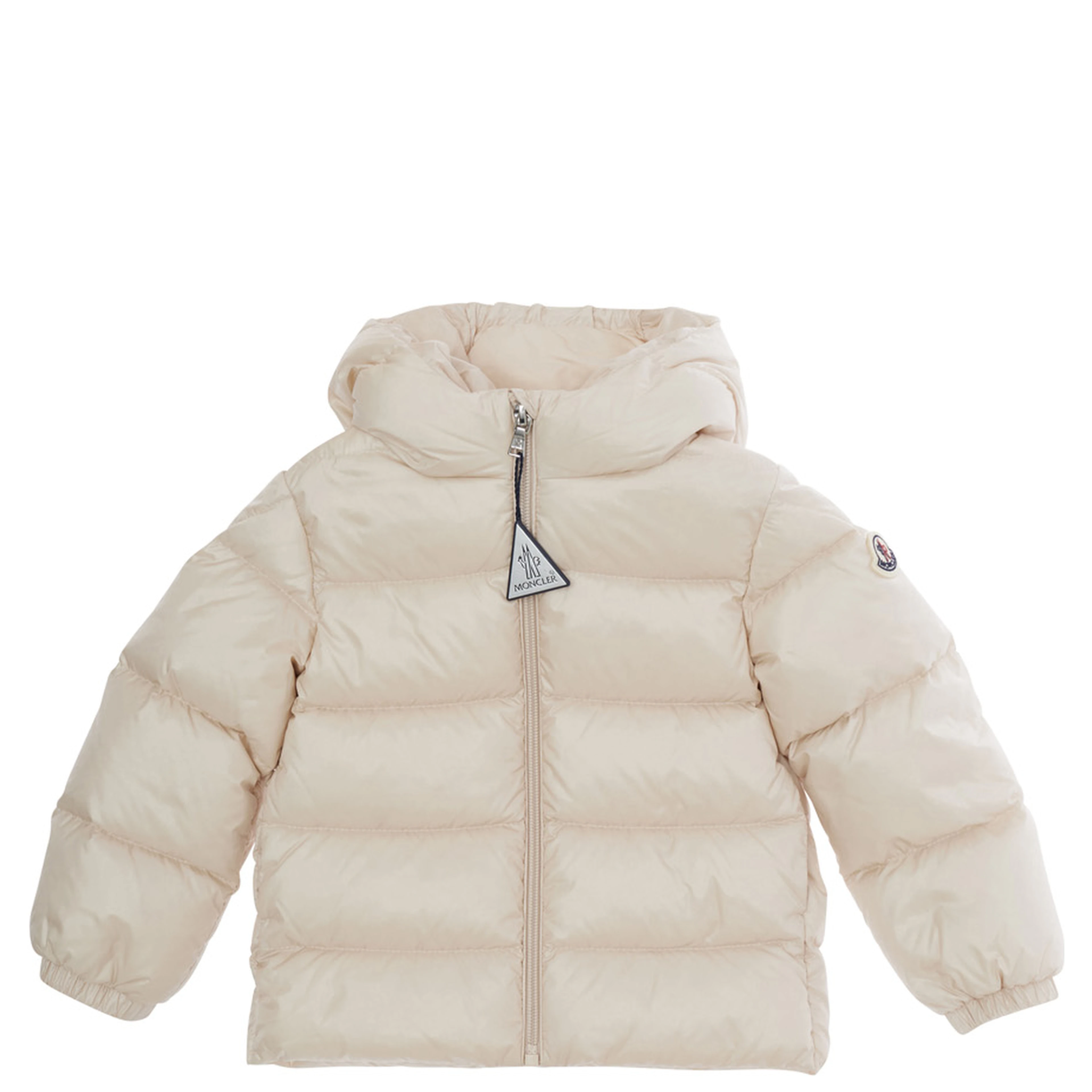Sharon White Down jacket with hood and logo patch on the sleeve in Tech Fabric baby