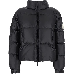 Down jacket with high collar and logo patch in black tech fabric for women