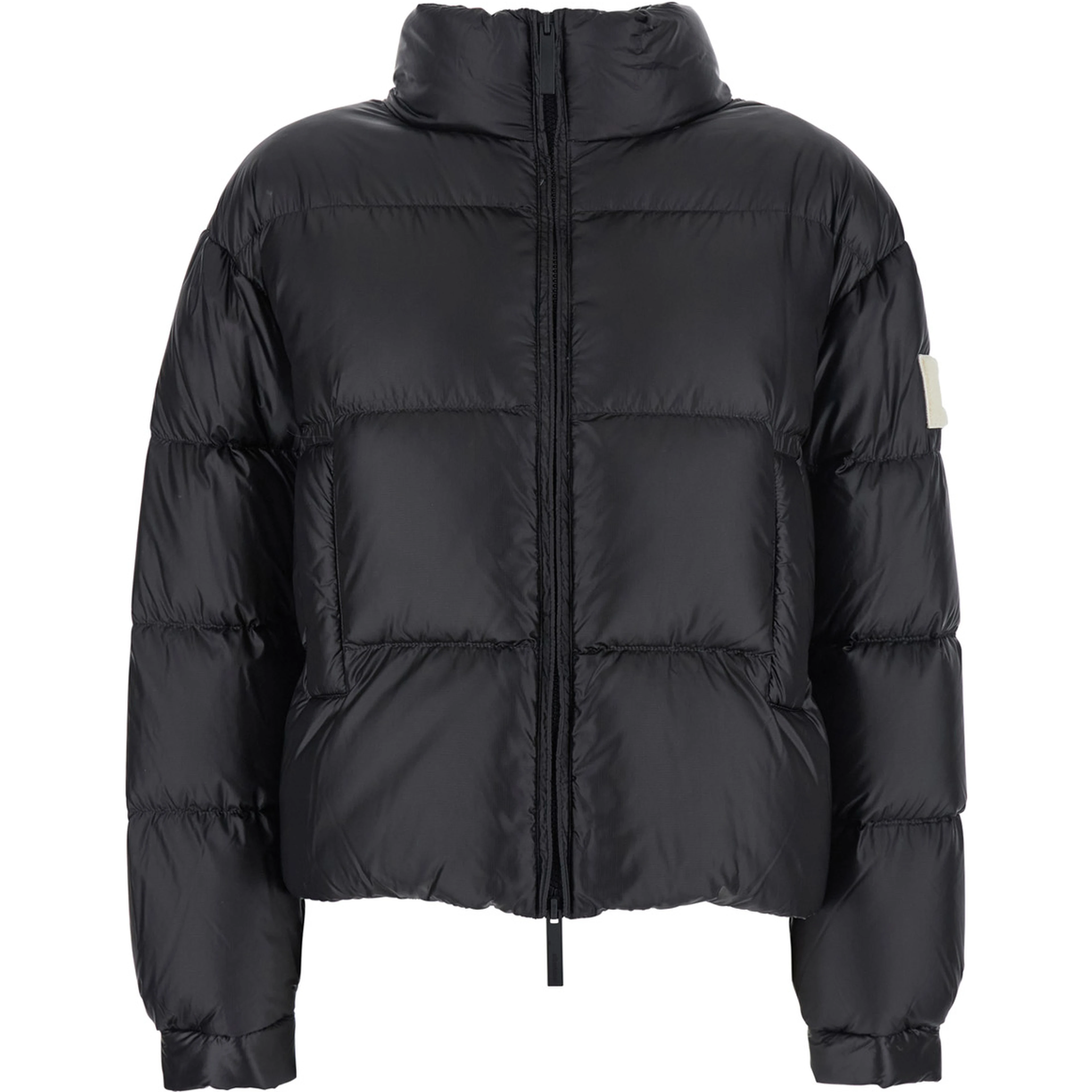 Down jacket with high collar and logo patch in black tech fabric for women