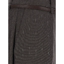 Brown Pants with belt and all-over pinstripe motif in fabric for women