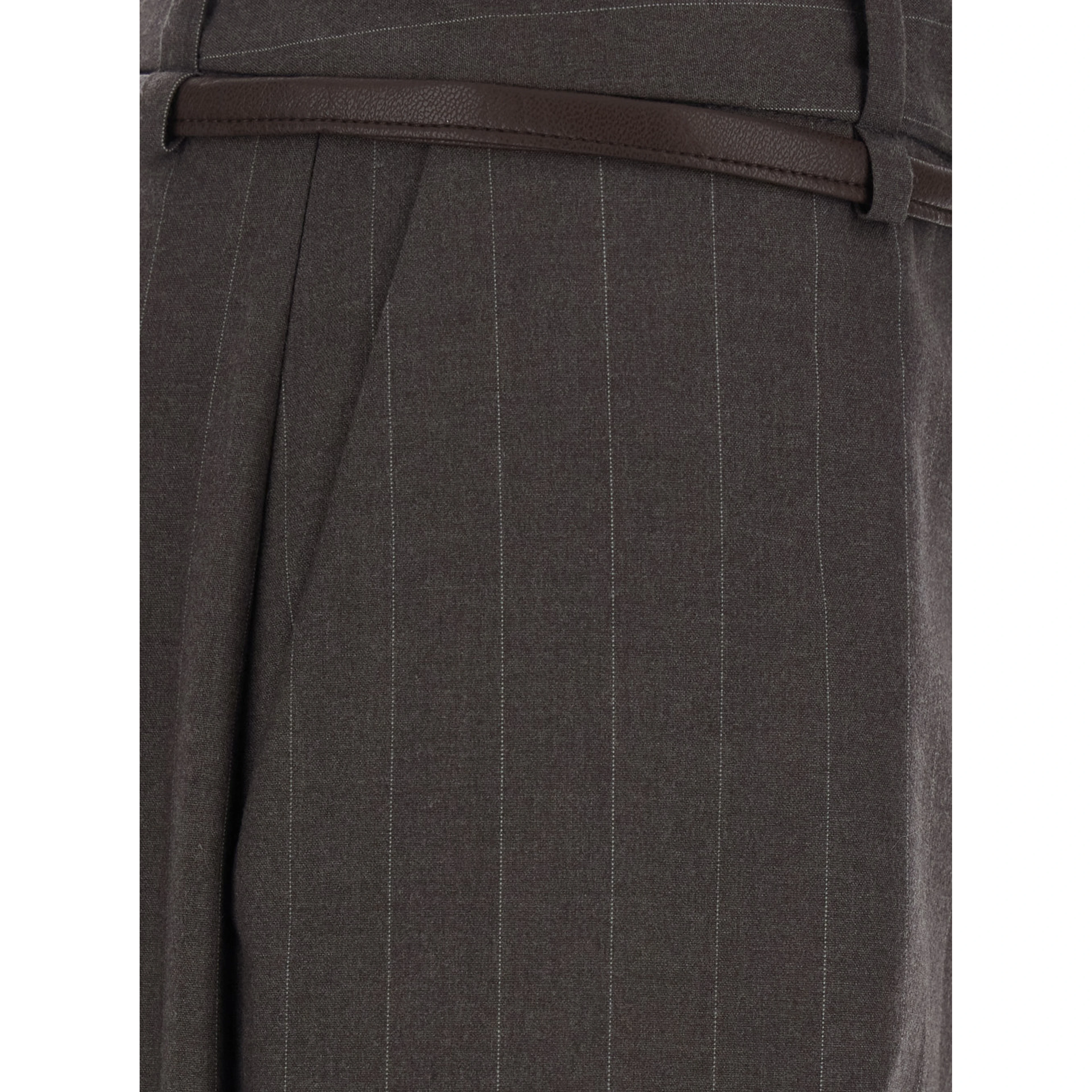 Brown Pants with belt and all-over pinstripe motif in fabric for women