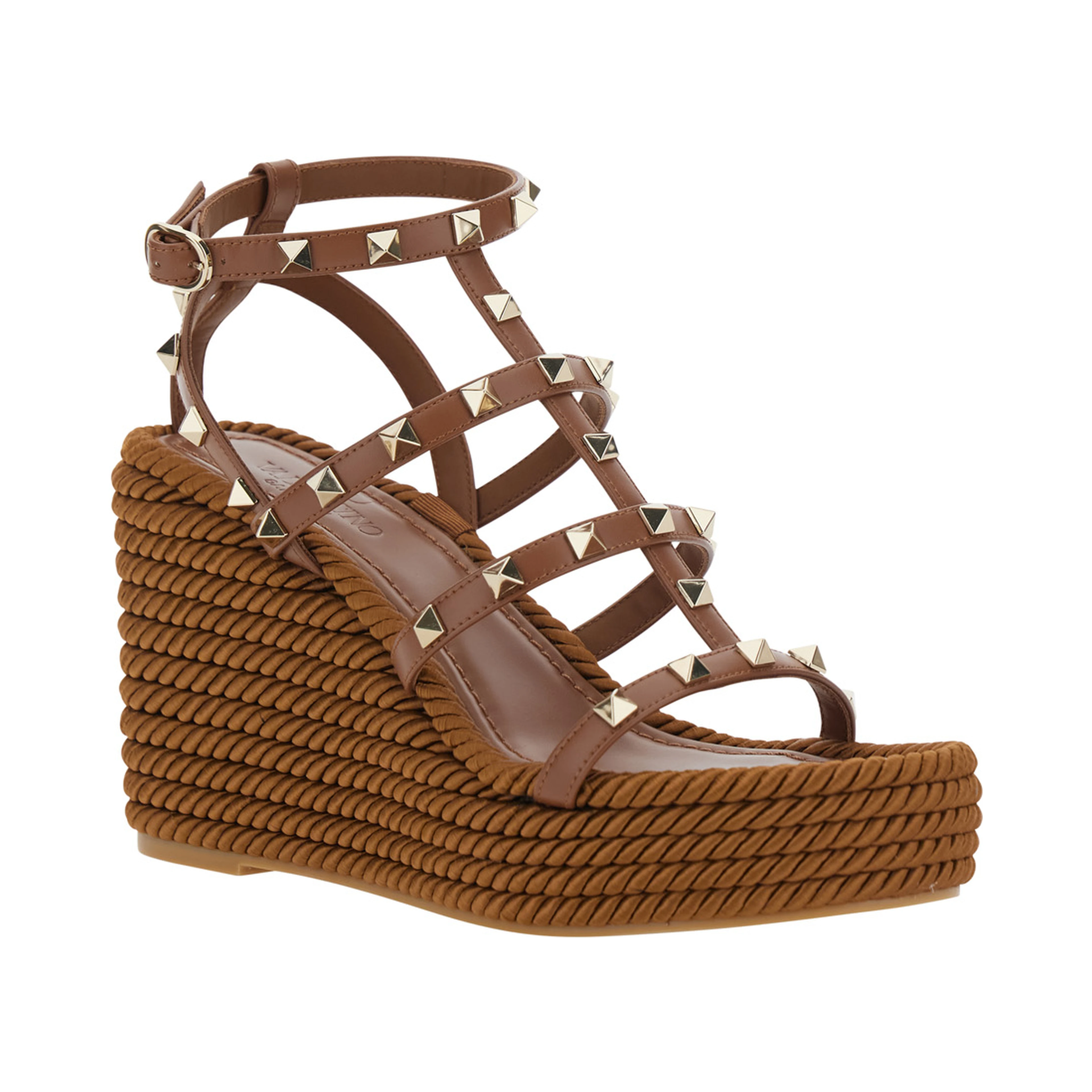 Brown wedges with Rockstud Decoration and Ankle Strap Closure in Leather for Women