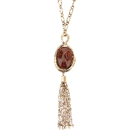 Gold-tone chain-link necklace with gemstone and tassel pendant in brass for women