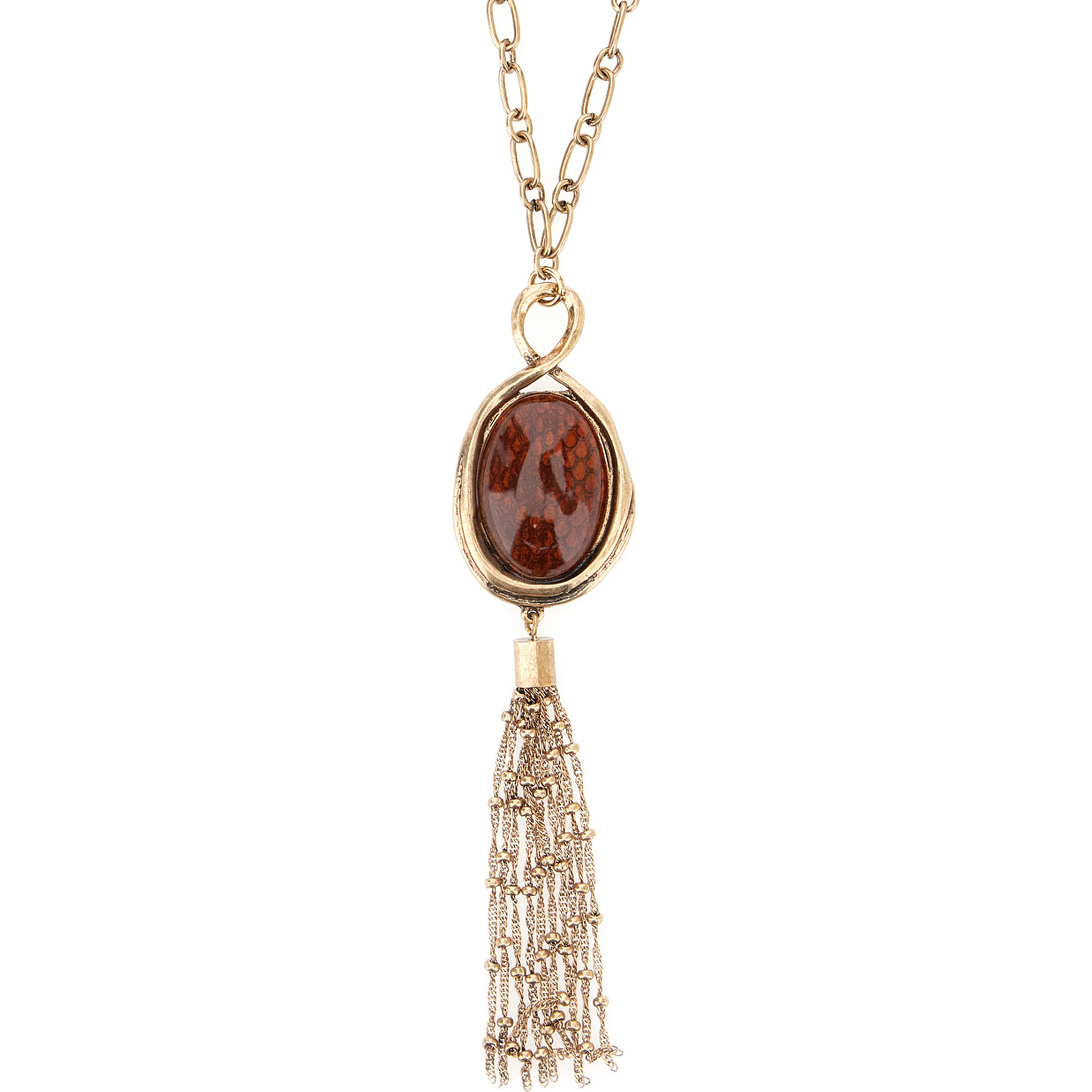 Gold-tone chain-link necklace with gemstone and tassel pendant in brass for women