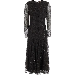 Brown Dress with V-neck and Long Sleeves in Tech Fabric for Women
