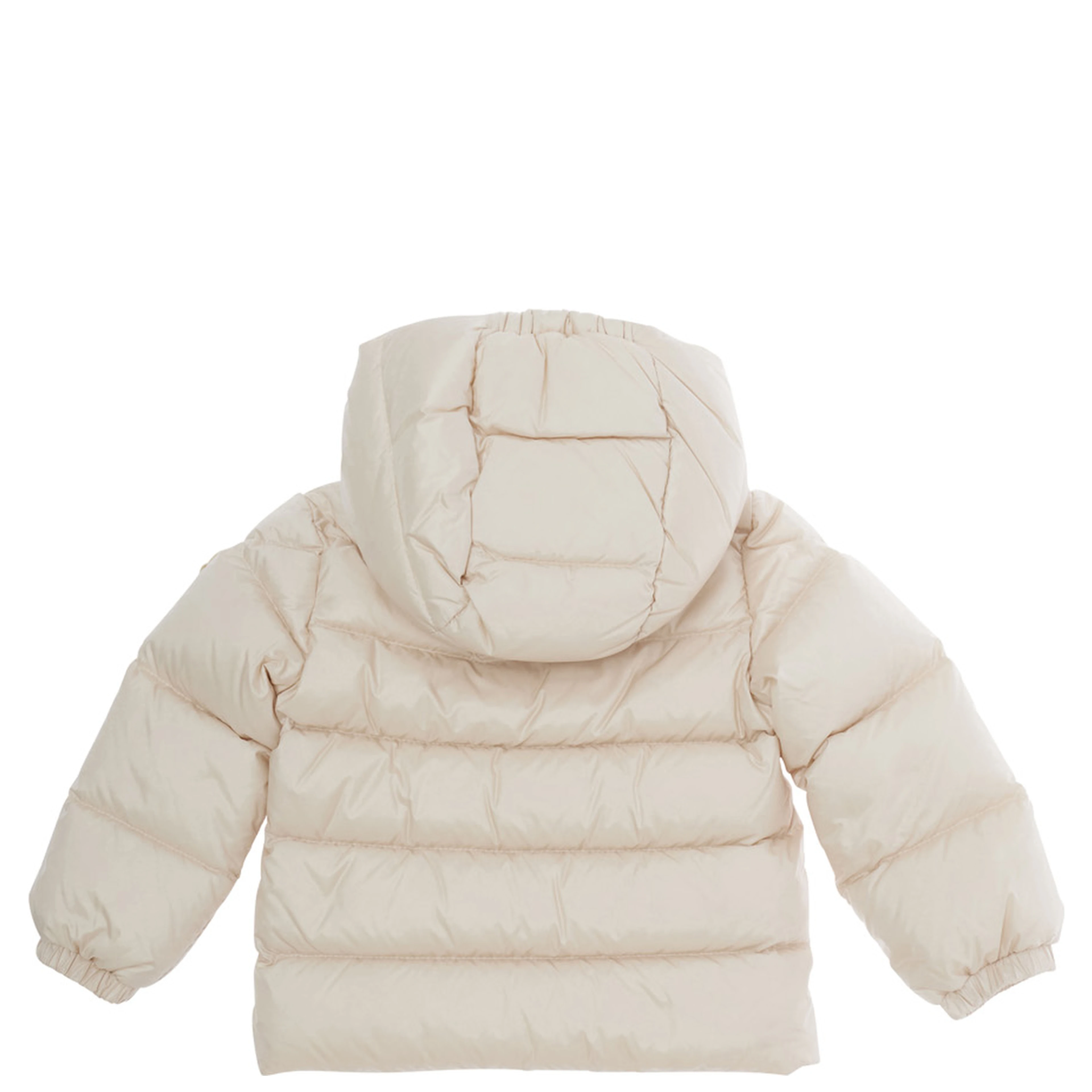 Sharon White Down jacket with hood and logo patch on the sleeve in Tech Fabric baby