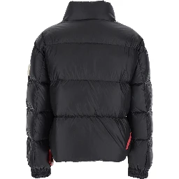 Down jacket with high collar and logo patch in black tech fabric for women