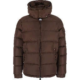 Brown Down jacket Maya with removable hood and logo patch on the sleeve in tech fabric for men