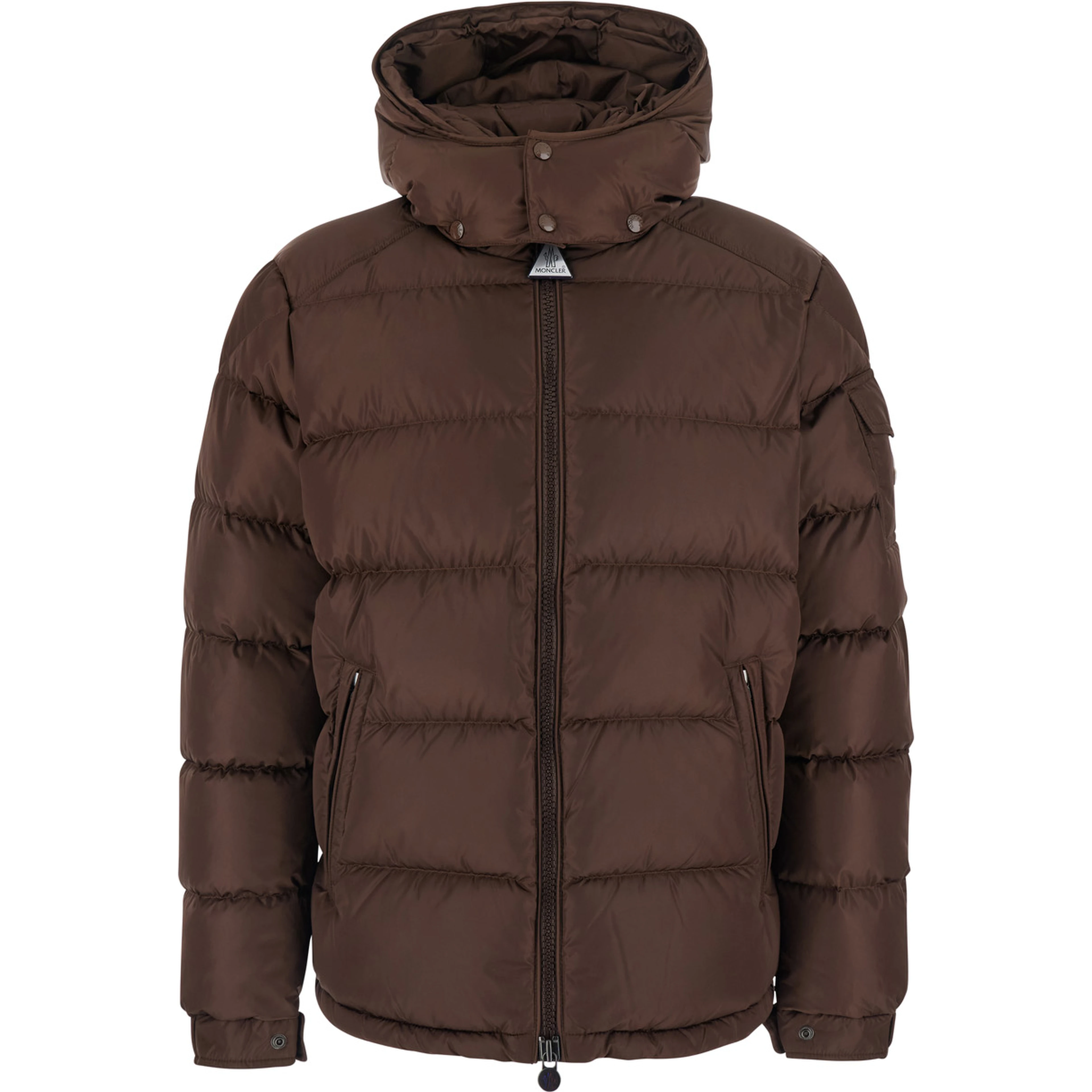 Brown Down jacket Maya with removable hood and logo patch on the sleeve in tech fabric for men
