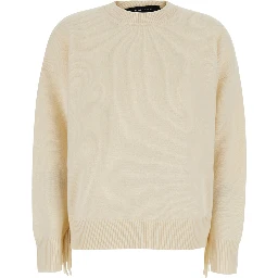 white Sweater with round neck and fringe details in wool and cashmere for women