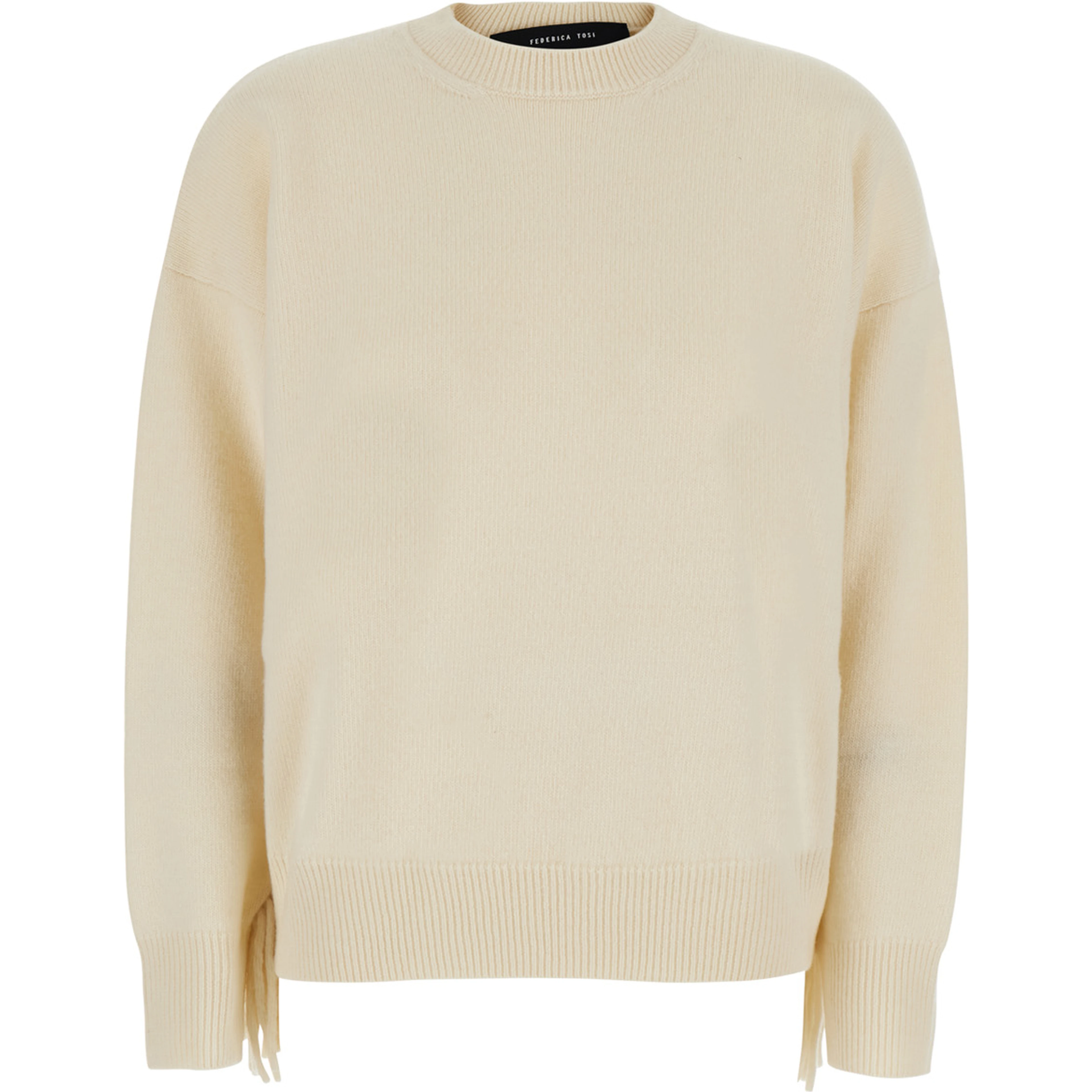 white Sweater with round neck and fringe details in wool and cashmere for women