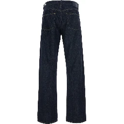 Dark Blue Five-Pocket Jeans with Logo Patch on the Back in Cotton Men