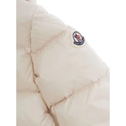 Sharon White Down jacket with hood and logo patch on the sleeve in Tech Fabric baby