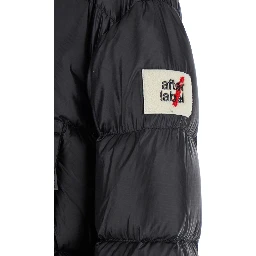 Down jacket with high collar and logo patch in black tech fabric for women