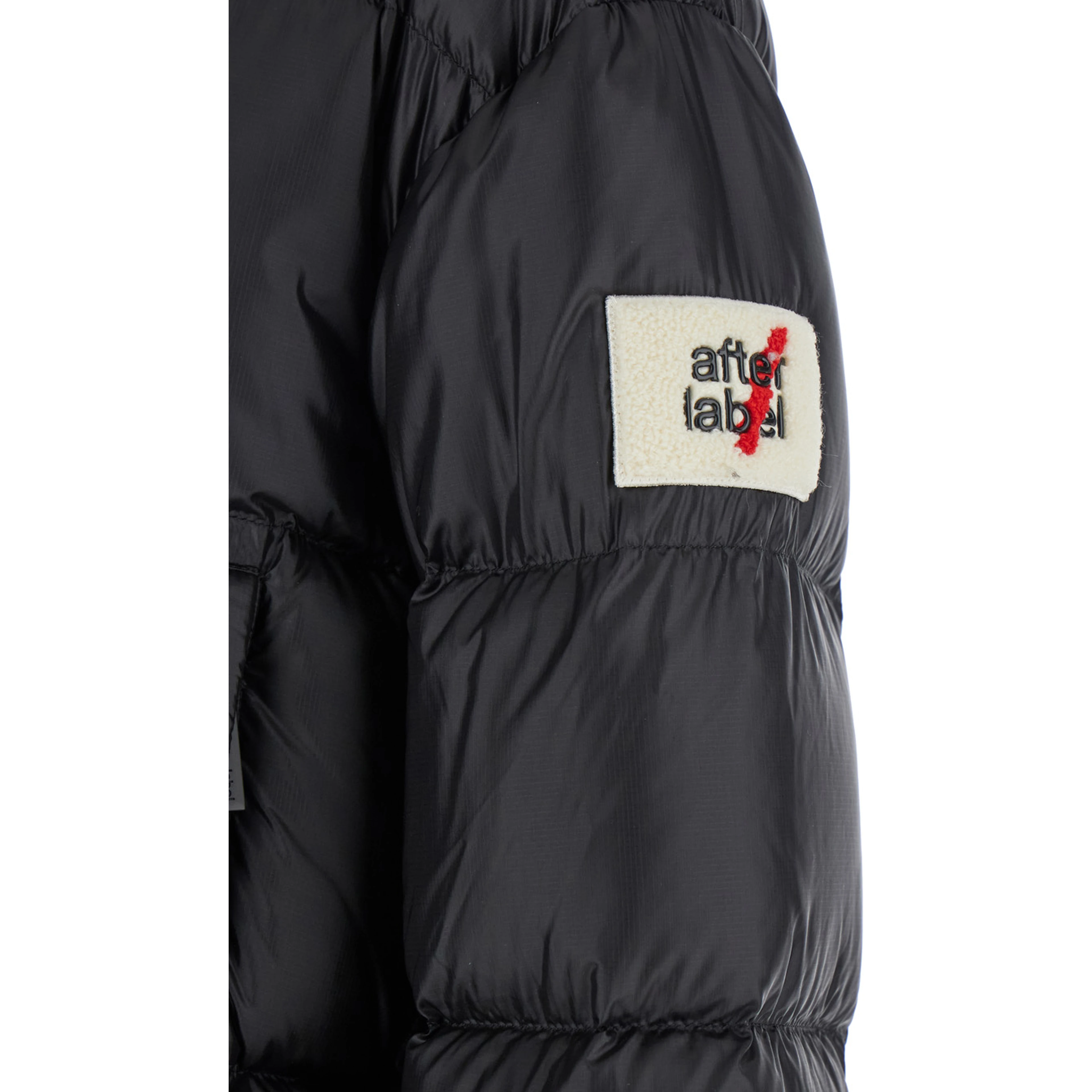 Down jacket with high collar and logo patch in black tech fabric for women