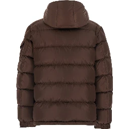 Brown Down jacket Maya with removable hood and logo patch on the sleeve in tech fabric for men