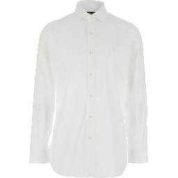 Shirt Slim Fit with Pointed Collar and Embroidery on the Front in White Cotton for Men