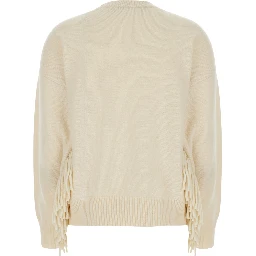 white Sweater with round neck and fringe details in wool and cashmere for women