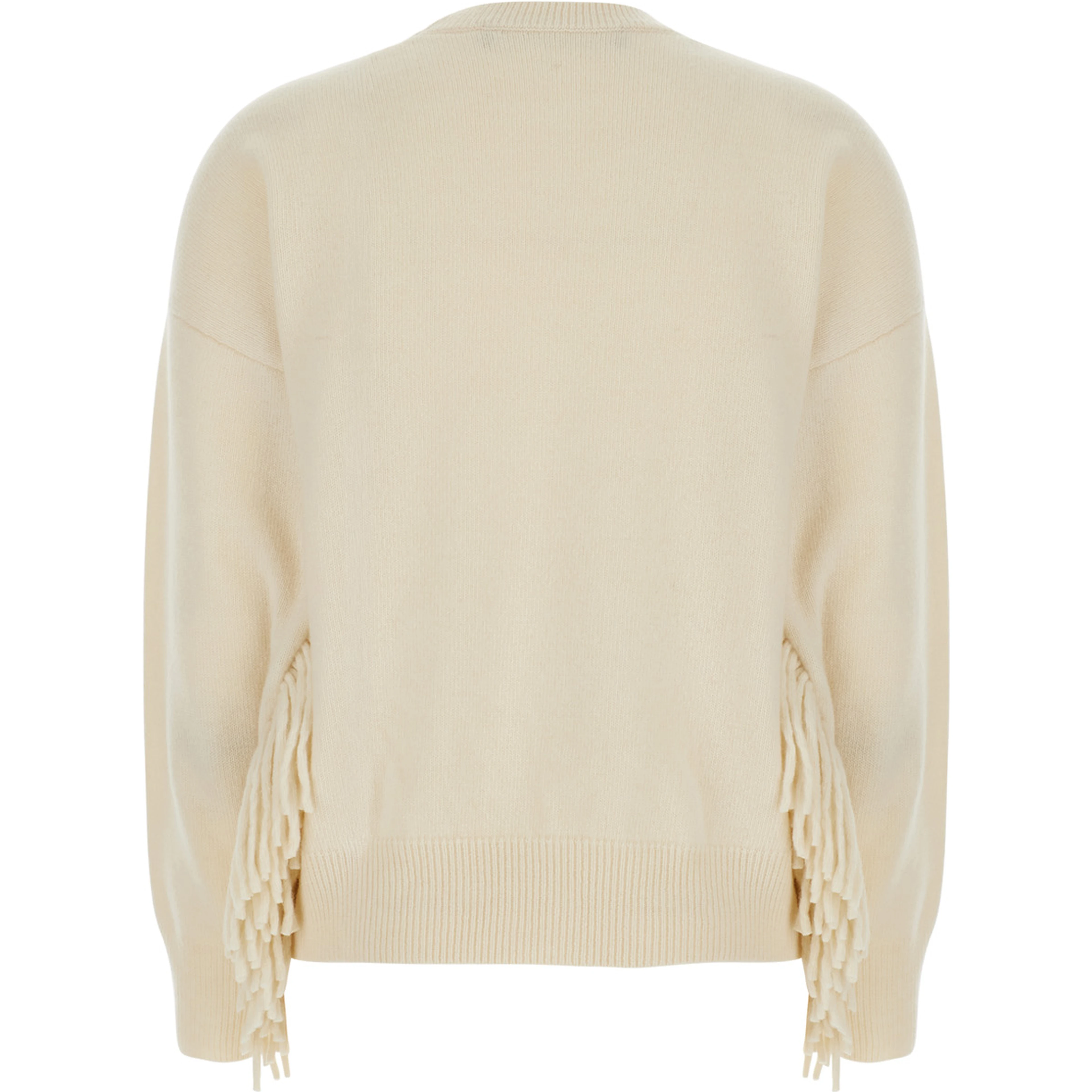 white Sweater with round neck and fringe details in wool and cashmere for women