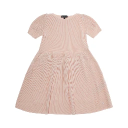 Pink Round neck dress with short sleeves and ribbed knit in cotton girl