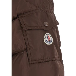 Brown Down jacket Maya with removable hood and logo patch on the sleeve in tech fabric for men