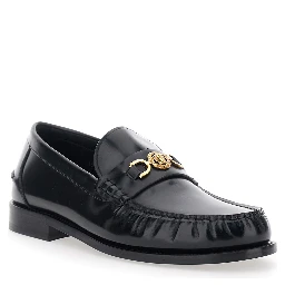 Loafers with Metallic Medusa Head Detail in Black Leather for Men